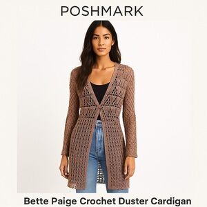 VTG Bette Paige,Crochet Long Duster in Walnut, Cardigan,Boho,Rare, EUC, Size L